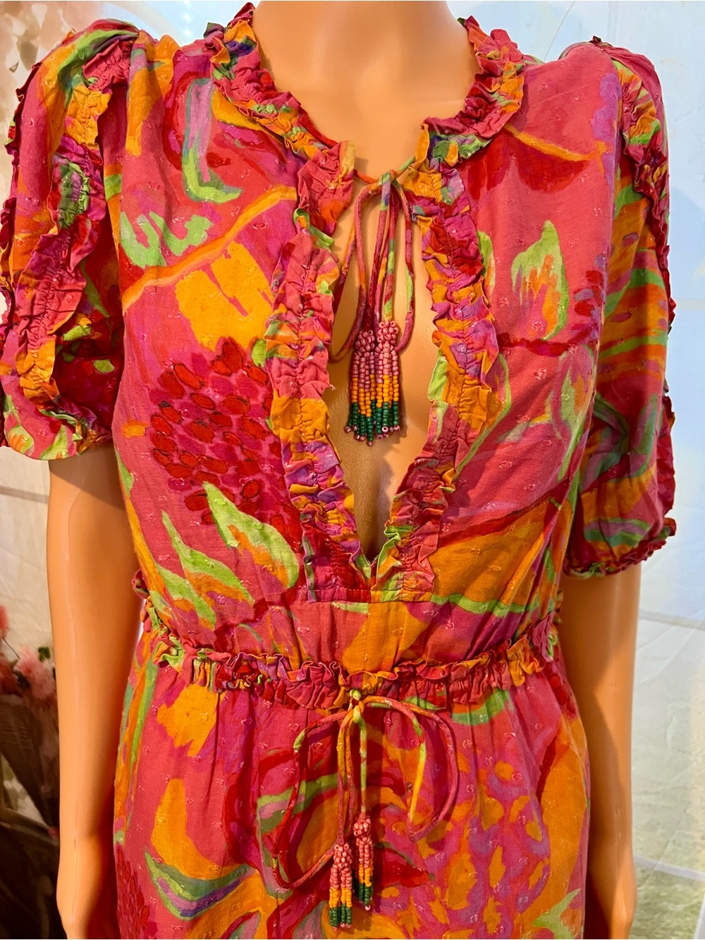FARM Rio Pink Floral Tie-Waist Ruffle Mini Dress - Picture 3 of 9